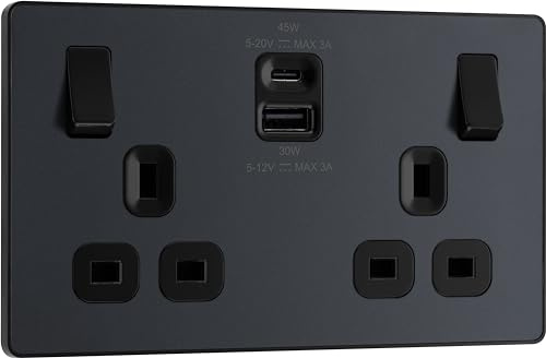 BG Electrical 45W Double Switched Power Wall Plug Socket with Super Fast Charge Type A and Type C USB Charging Ports, Evolve, Matt Grey, 13A, PCDMG22UAC45B