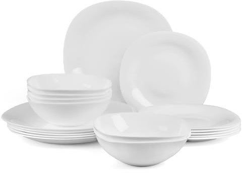 LaGlint Vetro Opalino Servizio da Piatti Set 18 Pezzi, Quadrati Bianco Servizio da Tavola con 6 Piatti Piani, 6 Piatti da Dessert, 6 Ciotole Cereali, Lavabile in Lavastoviglie, Adatto per Microonde