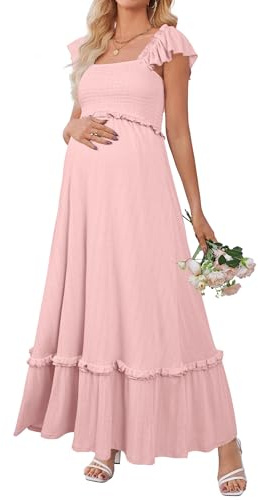OUGES Womens 2025 Summer Maternity Baby Shower Dress Casual Boho Maxi Smocked Maternity Photoshoot Dresses Ruffle Sleeve Square Neck Gender Reveal Long Dress Pregnancy Must Have Clothes (Pink,M)