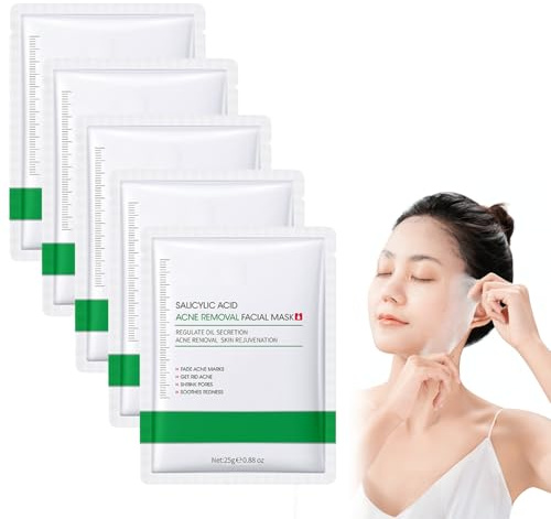 5PCS Salicylic Acid Face Masks Skincare, Soothing Sheet Masks for Pore Care, Removes Blemishes, Acne, Redness, Control oil & Purify Skin, Dark Spots Remover fo Face