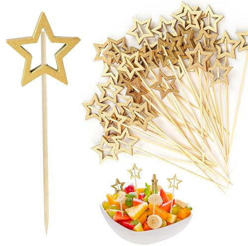 UOCAI 50 pinchos de cóctel de madera, brochetas de cóctel con estrella, pinchos para cócteles, brochetas doradas para cócteles, brochetas para fiestas, aperitivos, aperitivos, cócteles