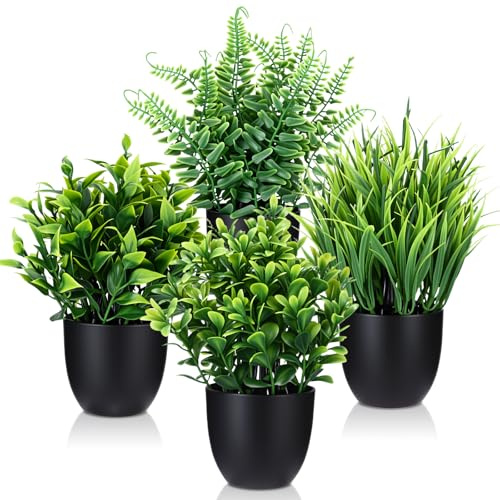 Plantes Artificielles Interieur 4 Pièces Mini Plantes Artificielles Verdure | Plastique Faux Plantes avec Pot Verdure Artificielle en Plastique pour Bureau Salon Chambre Salle De Bain Noir