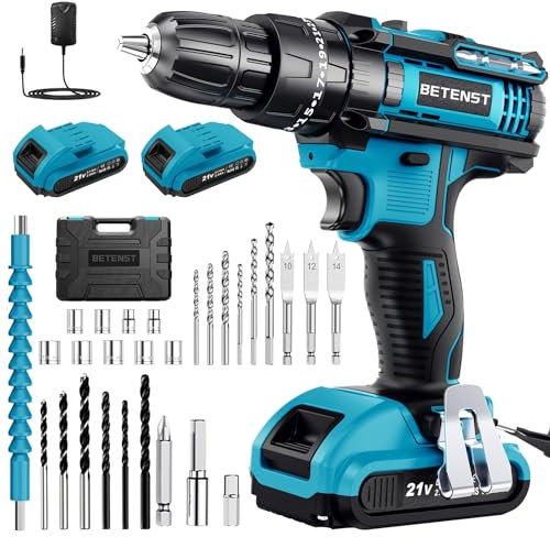 Taladro Percutor Bateria 21V, Taladro Atornillador Bateria 42Nm con 2 Baterías 2.0Ah, 25 * 3 Ajuste de Par Destornillador Electrico, 30 Accesorios, Portabrocas de 10mm Para Hogar, Bricolaje