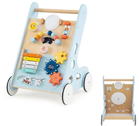 LIFEZEAL Holz Lauflernhilfe, 8 in 1 multifunktionales Lauflernwagen, Aktivitätszentrum mit Metall-Xylophon, Lernspielzeug für Babys ab 1 Jahr (Blau)