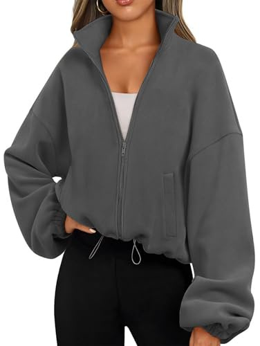 Famulily Damen Drawstring Saum Langarm Crop Sweatshirt Tops Full Zip Fleece Kurze Jacke mit Taschen S bis XL
