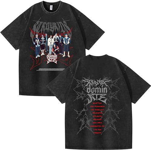 NCTCITY Uomo Donna T-Shirt in Cotone StrayKidz Dominate World Tour Carino Animali Stampato Maglietta Vintage Batik Camicia a Manica Corta Harajuku Blusa Tops Nero Hyunjin Han Felix I.N