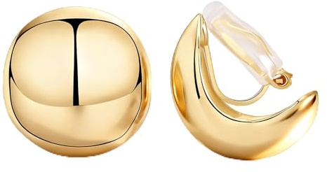 FAN&LOUIS Gold Ball Clip On Earrings, 24K Gold Plated Chunky Half Ball Earrings for Women Non-Pierced Ears Trendy Lightweight Hypoallergenic Clip-On Earrings