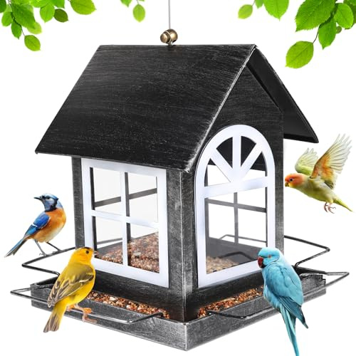 SWAWIS Vogelfutterhaus Metall Vogelfutterstation 14,5 x 18,5 x 23 cm | Vogelhaus zum Aufhängen Futterstation Vögel Wetterfest Vogelfutterspender Farbe: Schwarz