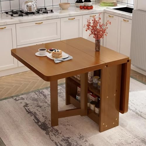 Table de salle à manger en bois massif de noyer – Étagère de rangement pliable à 2 niveaux | Design extensible et peu encombrant pour salle à manger de bureau et petits espaces (140 x 80 cm)