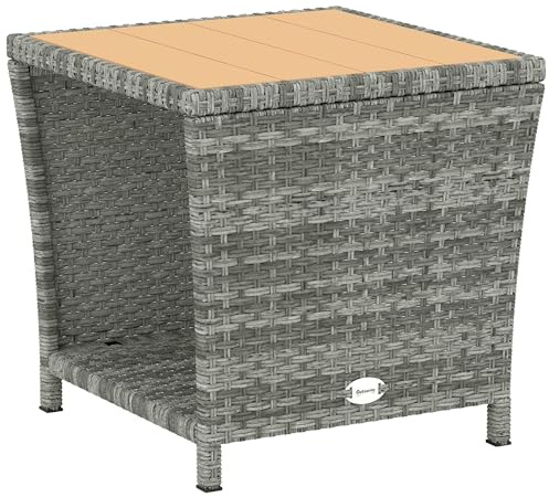 Outsunny 2-Tier PE Rattan Side Table with Storage Shelf, Square Outdoor Coffee Table with PS Wood Slat Top, UV-Resistant for Patio, Garden, Balcony, Light Grey