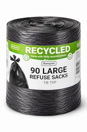 Banquet Large Refuse Sacks (90 Pack) Tie Top – Heavy Duty Black Bin Bags | Extra Strong, Leak Resistant | Perfect for Kitchen, Office & Outdoor Use