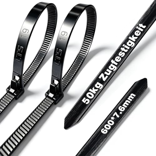Återanvändbara buntband svart 300–600 mm x 7,6 mm utbredd (20 stycken), UV-beständiga buntband av nylon, justerbart för hushåll, trädgård, elinstallation, kabelhantering (BRT600)