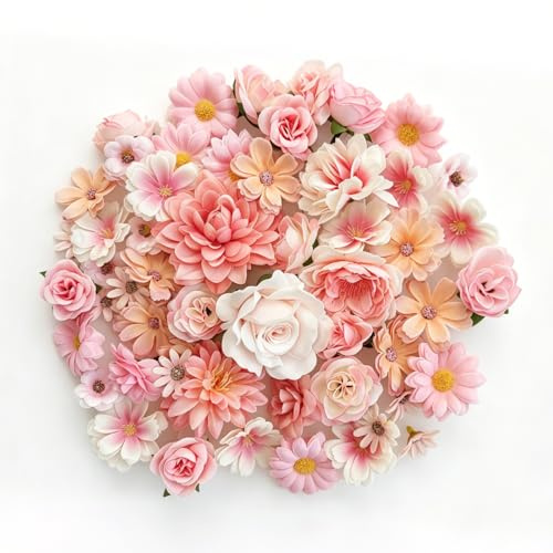 Lokideer 70 Stück Kunstblumen zum Basteln, Blumen zum Basteln mit 18 Stilen, künstliche Blütenköpfe in Rosa, Seidenblumen Blumenköpfe für DIY Tortendeko, Scrapbooking, Hochzeit, Home Dekoration