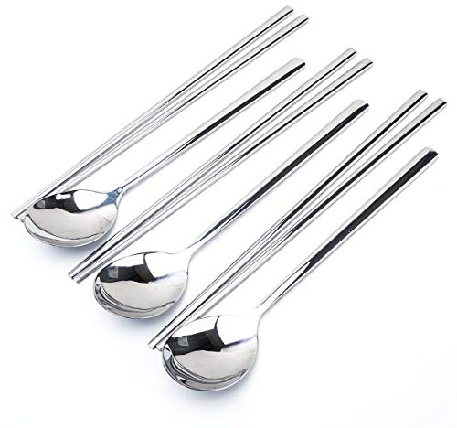 JUCOXO Koreanische Essstäbchen und Löffel aus Edelstahl, 3 Stück, lebensmittelechtes 18/10 Metall, lange Hand, flach, quadratisch, spülmaschinenfest