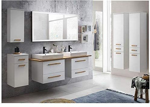 Lomadox Badezimmermöbel Komplett Set mit 165cm Waschtisch & LED-Spiegel DABO-04 in weiß mit Landhaus Eiche, B/H/T 290/200/50 cm