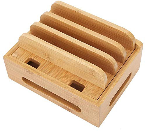 Bambus-Standgerät mit mehreren Geräten, Halter Ladestation Telefon Tablet Kabel Organizer und drahtlose Ladestation für Uhr und Telefon