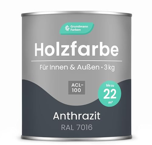 Grundmann Holzfarbe ACL 100 - Holzlack 3 Kg Grau - 4in1 inkl. Grundierung - Seidenmatt - Wetterfest für Innen und Außen - RAL 7016 Anthrazitgrau