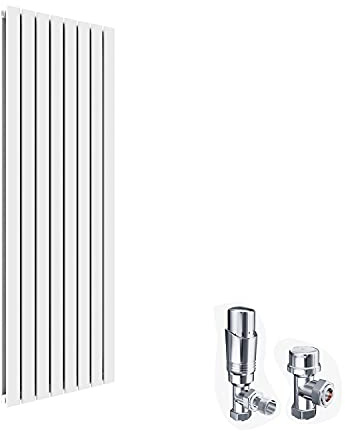 ELEGANT Modern Vertical Radiator Double Designer White Tall Upright Radiators Central Heating Wall Panel 1800 x 608 mm with Chrome Thermostatic Valves Set