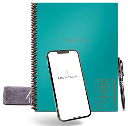Rocketbook Matrix Digitales Notizbuch Millimeterpapier Seiten - Wiederverwendbarer Notizblock - 21,6 x 27,9cm - Wiederbeschreibbar mit inkl. Pilot Frixion Stift und Mikrofasertuch - Hellblau