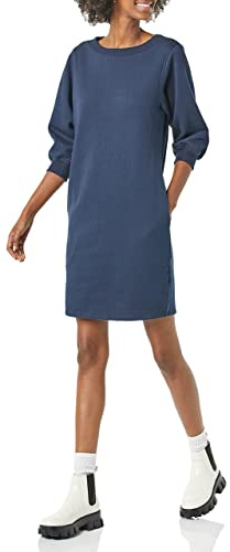 Amazon Essentials kvinnors fleece blus ärm rund hals sweatshirt klänning (finns i plusstorlek), marinblå, liten