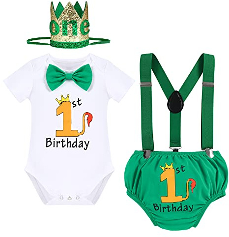 Baby Boy Wild One Theme First 1st Birthday Cake Smash Outfit Lion Costume Cotton Short Sleeve Romper Diaper Cover Shorts Bloomers Y-back Suspenders Crown Headband 4pcs Set Green - Lion 12-18 Months
