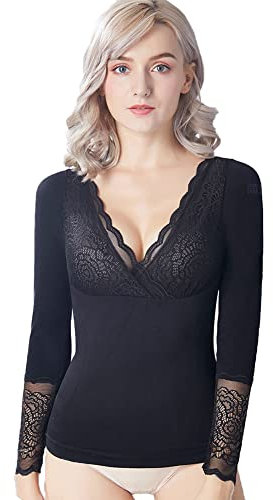 ZooChest Maglietta termica da donna, a maniche lunghe, con scollo a V, in pizzo, invernale, caldo, per corsa, escursionismo, ciclismo, asciugatura rapida, traspirante, elastico, Scollo a V., M