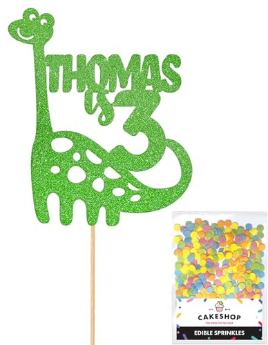 Personalised Birthday Dinosaur Glitter Cake Topper- Green Any Name & Age Glitter Cake Decoration and Sprinkles - Happy Birthday Decorations - Personalised Toppers for Cakes by Cakeshop