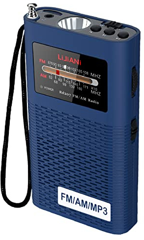 Portable Backlit AM/FM Radio MP3 Player Pocket Transistor with Flashlight 2200mah Battery Operated, Long Antenna Best Reception, Powered Replaceable,Bass,TF Card Player,Easy Tuning at Night(Blue)