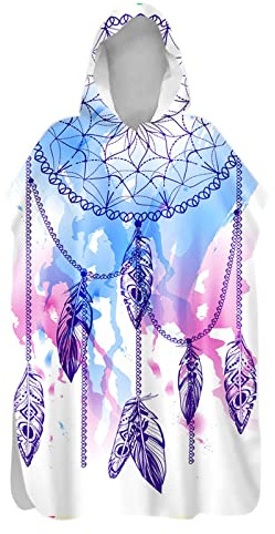 Chickwin Badeponcho mit Kapuze, 3D Traumfänger Surf Poncho Umkleidehilfe Strand Handtuch Mikrofaser Badetuch Schnelltrocknend Strandtuch für Herren Damen Kinder (Blauer Traumfänger,80x145cm)