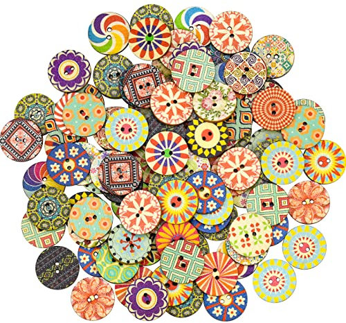 LUCKYKODOR 100 Stück Gemischter Bunte Knöpfe 20 mm Holz Vintage Holzknöpf Runde Holzknöpfe Retro Knöpfe mit 2 Löcher für Nähen DIY Basteln Handwerk Deko