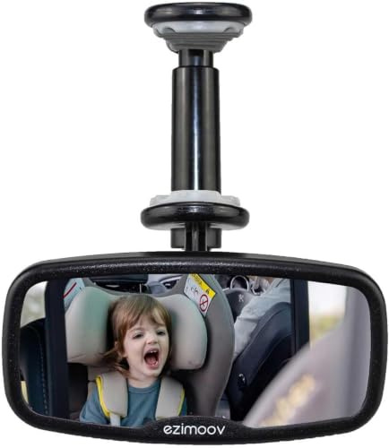 EZIMOOV - rétroviseur à clipser à l'avant de la voiture pour surveiller bébé en toute sécurité vue arrière incassable (rétroviseur de voiture avec clips), gris | Vue panoramique grand angle, Rotation à 360°, Sangles croisées ajustables, 82% de plastique recyclé, Sans outil