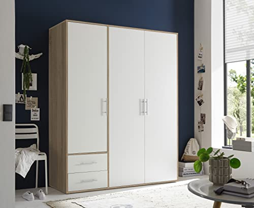 möbelando Kleiderschrank Valencia in Sonoma Eiche/Weiß mit 2 Schubladen und 3 Türen. Abmessungen (BxHxT) 155x195x60 cm
