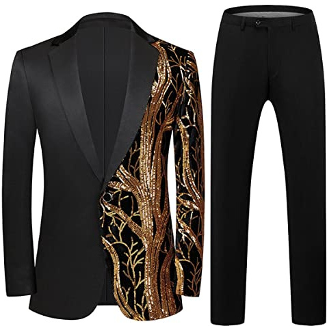 KUDMOL Mens 2 Piece Suit Slim Fit Sequin Shiny One Button Tuxedo Black Sequin Jacket Pants Sets for Wedding Party Prom