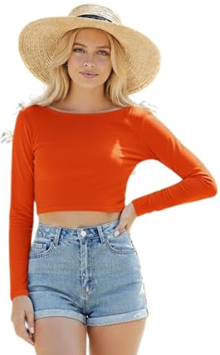 Women’s Crop Top Slim Fit Long Sleeve Ladies Round Neck Stretch Cropped T-Shirt Casual Basic Tight Tee Blouse Womens Crop Tops UK Orange-8-10