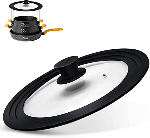 Coperchio universale per pentole, padelle e padelloni,Coperchio per pentole con bordo in silicone resistente al calore e vetro temperato, adatto per pentole e padelloni con diametro di (28-30-32)