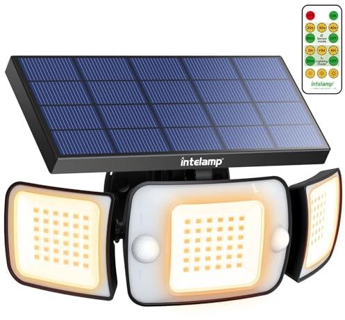 INTELAMP Lampade solari per esterni con telecomando, luci solari per esterni con rilevatore di movimento, 6000 mAh, 1200 lm, illuminazione a 270°, 4 modalità, rilevatore di movimento,