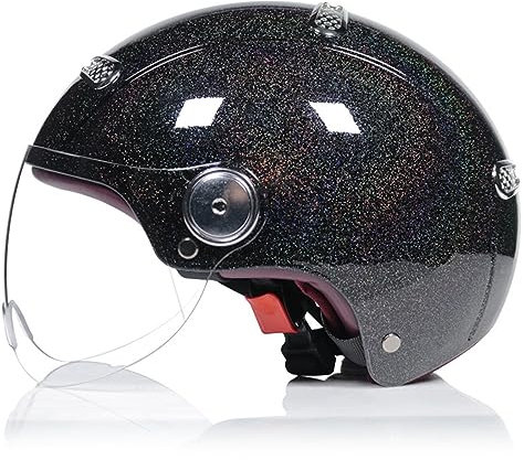 Adulti Moto Casco Scodella Uomo Donna, Caschi Da Moto ECE DOT Omologato, Nero Casco Mezzo Con Parasole, Casco Mezzo Guscio Per Scooter Cruiser Chopper ( Color : A , Size : M=(57-58cm) )