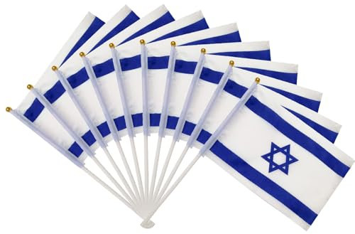 Klein Israel Flagge, 100 Stück Israel Mini Handgehaltene Flaggen mit 30cm weißem Pole, 21 x 14 cm Israel Mini-Flagge Miniatur-Fähnchen – lichtbeständig und lebendige Farben