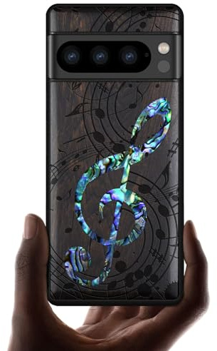 Carveit Designer Wooden Case for Google Pixel 8 Pro Case Cover [Wood Engraving & Shell Inlay] Compatible with Wireless Chargers Pixel 8 Pro Case (Musical Note-Blackwood)
