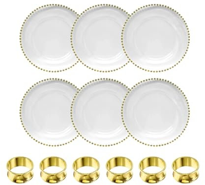 WedDecor 13 Inch Gold Beads Glass Charger Plates Set of 6 with Hammered Design Napkin Rings – Elegant Serveware for Weddings, Parties, and Table Decoration