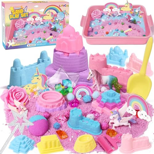 Sensorik Spielzeug Magic Sand Sandbox Set Geschenke für Mädchen Einhorn Spielsand Koffer Strandwerkzeuge Sensorisch Sandspielzeug Zaubersand Einhorn Geschenk für Mädchen Kinder 3 4 5 6 7 8 Jahre