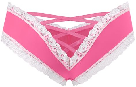 LittleForBig Lace Seamless Hipster Sexy V-Back Strappy Criss Cross Sissy Panty Underwear Low Rise Hot Pink XS