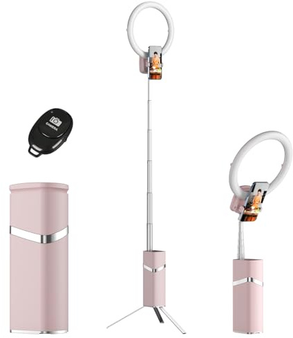 LED Ringlicht mit Stativ, 10 Zoll Dimmbare Ringleuchte, Kabelloses Faltbar Ringlampe mit Stativständer & Handyhalter für Smartphone Video/Makeup/Live Streaming/Selfie/TikTok/YouTube (Rosa)
