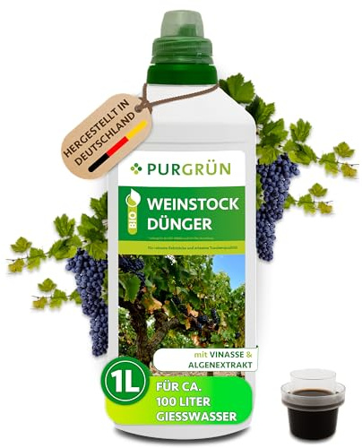 Purgrün® Bio-Weinstock-Dünger 1 Liter – Organische Rezeptur – Premium-Flüssigdünger – NPK 4+1+7 – Mit Algenextrakt & Vinasse – Extra Kalium für robuste Rebstöcke – Ohne tierische Inhaltsstoffe