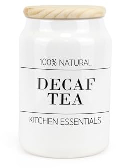 Purely Home Minimalist Ceramic Decaf Tea Canister - Simplistic Black & White Kitchen Food Storage Container & Wooden Lid 600ml (14.5cm x 9.5cm)