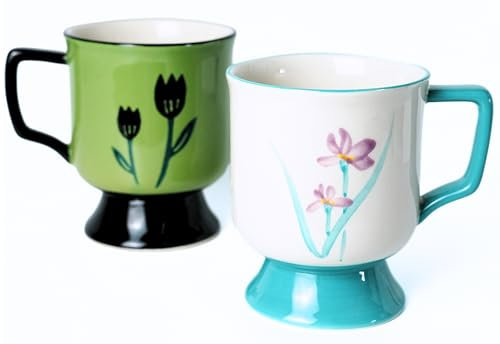 Erkundpresso. Kaffeetassen 400ml Kaffeebecher 2er Set Lustige tassen mit Handbemalte Tulpen,perfekt für Latte Lacchiato,Milchkaffee und Cappuccino Tassen（Grasgrün+Cyan）