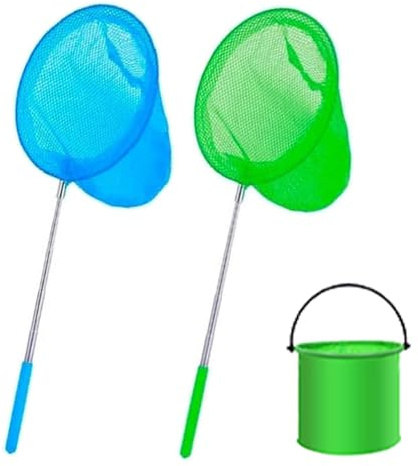 Lot de 2 filets papillon télescopiques pour enfants, filet de pêche, filet de bassin extensible + 1 seau pliable, attrape les insectes, petits poissons, activités de plein air, plage, jardin (bleu +