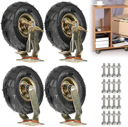 Geräuschlose Schwerlast Rollen 4 Stück, Lenkrolle Luftrad Pannensichere, Plattformwagen Rad Mit Bremse, Ø200/250mm Leise Gummirollen 360°Drehbar, Industriell Rad Für Alle Böden