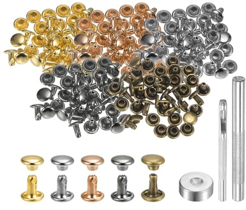 QUARKZMAN 100 Ensembles de Rivets en Cuir 6mm x 6mm en Métal avec Double Capuchon, Attaches Pression et Outils de Pose, Rivet à Frapper pour Réparation d'Artisanat Cuir, Couleurs Multiples