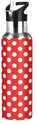 HMZXZ Water Bottle with Straw Leakproof Hot Water Bottle Red White Polka Dot Vacuum Insulated Bottle for Girls Boys Sports 600ml